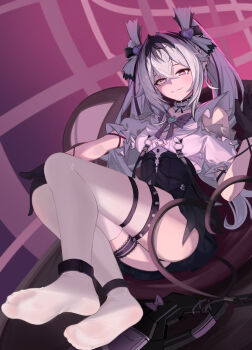 1girl feet jetavie_(pgr) long_hair looking_at_viewer multicolored_hair panluo pointy_ears punishing:_gray_raven purple_eyes see-through_clothes see-through_legwear smile soles streaked_hair symbol-shaped_pupils thighhighs toes twintails white_hair white_thighhighs