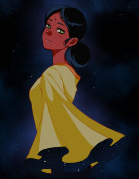 1girl a_world_underneath bindi black_hair closed_mouth cropped_torso dark-skinned_female dark_skin dress film_grain green_eyes gundam hair_bun highres lalah_sune long_sleeves looking_at_viewer looking_back medium_hair mobile_suit_gundam no_pupils pink_lips smile solo space star_(sky) wide_sleeves yellow_dress yy0880yy