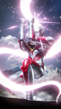 1boy absurdres alien armor blue_sky breastplate clenched_hands color_timer colored_skin commentary compound_eyes day dorsal_fin dust_cloud energy_beam figure_(medium) giant giant_male glowing glowing_eyes gold_trim hands_up highres light_particles looking_down love894anon male_focus mountainous_horizon multicolored_skin no_pupils on_one_knee outdoors pectorals photo_(medium) powering_up red_skin sh_figuarts silver_skin sky solo tokusatsu toned toned_male ultra_series ultraman_gaia ultraman_gaia_(series) white_eyes wrinkled_skin