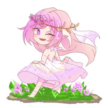 1girl ;o bare_shoulders chinese_commentary commentary_request diamond-shaped_pupils diamond_(shape) dress elf elysia_(herrscher_of_human:_ego)_(honkai_impact) elysia_(honkai_impact) flower hair_flower hair_ornament highres honkai_(series) honkai_impact_3rd long_hair multicolored_hair one_eye_closed pink_hair pointy_ears purple_eyes rinapaint_write simple_background solo symbol-shaped_pupils two-tone_hair very_long_hair white_background white_dress white_hair
