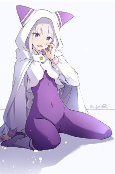 animal_ear_hood arm_support blunt_bangs bodysuit boots braid braided_ponytail cape cloak commentary_request covered_navel dated emilia_(re:zero) fake_animal_ears finger_to_mouth grey_hair highres holding_own_hair hood hood_up hooded_cape long_hair long_sleeves looking_at_viewer nii_manabu official_alternate_costume open_mouth purple_bodysuit purple_eyes re:zero_kara_hajimeru_isekai_seikatsu sitting smile very_long_hair wariza white_background white_boots white_cape white_cloak