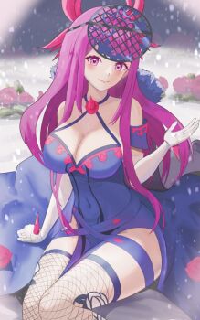 Rule 34 | 1girl, bare shoulders, blue dress, blush, breasts, brooch, cleavage, closed mouth, collarbone, criss-cross straps, dress, elbow gloves, fascinator, female focus, fire emblem, fire emblem engage, fishnet thighhighs, fishnets, flower, flower brooch, gloves, ivy (fire emblem), jewelry, large breasts, long hair, looking at viewer, matching hair/eyes, mole, mole under mouth, nintendo, outdoors, purple eyes, purple hair, rose, sitting, skindentation, smile, snow, snowing, solo, spiked gloves, tarutaru193, thick thighs, thighhighs, thighs, thorn print, very long hair, white gloves
