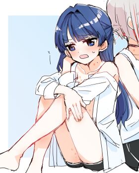 2girls black_shorts blue_background blue_eyes blue_hair blush commentary_request hickey highres kanduki_kamibukuro link!_like!_love_live! long_hair love_live! multiple_girls murano_sayaka off_shoulder open_mouth red_streaks shirt shorts simple_background sitting white_hair white_shirt yugiri_tsuzuri yuri
