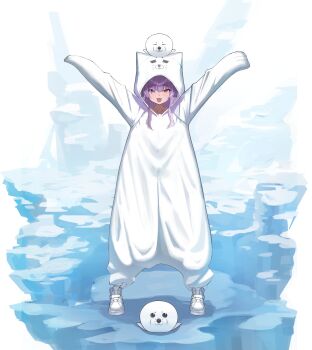 1girl absurdres animal_hood arms_up blue_eyes brown_eyes commentary_request full_body heterochromia highres hood ice korean_commentary koto_(shchoi444) legs_apart long_hair onesie open_mouth outstretched_arms purple_hair raised_inner_eyebrows seal_(animal) shoes smile solo spread_arms standing stellive straight-on tenko_shibuki virtual_youtuber white_background white_shoes