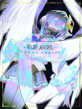 Rule 34 | 1girl, :o, absurdres, amane kanata, angel, angel wings, aqua eyes, aqua outline, black background, blue bow, bow, character name, commentary, gold halo, hair intakes, halo, highres, hololive, medium hair, outline, pungson mori, sailor collar, star halo, symbol-only commentary, teeth, upper teeth only, virtual graduation commemoration, virtual youtuber, white hair, white wings, wings