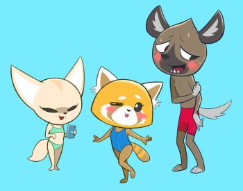 10s 1boy 2girls aggressive_retsuko animal_ears animal_hands aqua_bikini bare_shoulders barefoot bikini black_eyes black_sclera blue_background blue_one-piece_swimsuit blush cellphone colored_sclera fenneko fox_ears fox_tail full_body furry haida_(aggretsuko) hand_up hands_up highres holding holding_own_arm hyena jobbythehong leg_up looking_away looking_to_the_side multiple_girls navel official_style one-piece_swimsuit one_eye_closed open_mouth outstretched_arms panda_ears phone red_shorts retsuko sharp_teeth shorts shy simple_background smile standing standing_on_one_leg sweat swimsuit tail teeth tongue tongue_out white_eyes