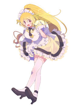 Rule 34 | 1girl, :d, alternate costume, apron, black necktie, black shoes, blonde hair, blush, breasts, commentary request, dress, enmaided, frilled apron, frilled dress, frills, full body, gloves, hair between eyes, hand up, high heels, highres, large breasts, long hair, looking at viewer, magia record: mahou shoujo madoka magica gaiden, mahou shoujo madoka magica, maid, maid headdress, necktie, open mouth, ponytail, red eyes, serizawa serizane, shoes, simple background, smile, solo, standing, thighhighs, togame momoko, watermark, white apron, white background, white gloves, white thighhighs, yellow dress