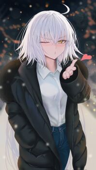 1girl ahoge black_jacket blowing_kiss blue_pants blurry blurry_background blush collared_shirt commentary_request denim dress_shirt fate/grand_order fate_(series) fur-trimmed_jacket fur_trim hand_in_pocket heart highres jacket jeanne_d'arc_alter_(fate) jeans long_hair looking_at_viewer one_eye_closed open_clothes open_jacket pants penguintake puckered_lips shirt snow solo white_hair white_shirt yellow_eyes