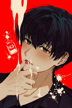 1boy :p absurdres black_eyes black_hair black_shirt blush collared_shirt commentary_request doodle_inset dripping food food_on_clothes food_on_face head_tilt highres implied_yaoi kim_dokja licking licking_finger looking_at_viewer male_focus milk omniscient_reader&#039;s_viewpoint portrait sanjinmogufufu shirt short_hair splatter suggestive_fluid tongue tongue_out