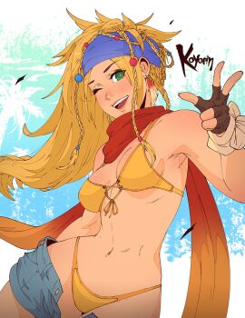 1girl @_@ armpits artist_name blonde_hair blue_headband braid breasts cleavage clothes_pull denim denim_shorts final_fantasy final_fantasy_x final_fantasy_x-2 fingerless_gloves gloves hair_ornament headband highres koyorin long_scarf multiple_braids navel open_mouth orange_scarf rikku_(ff10) scarf shorts shorts_pull smile solo sphere_hair_ornament teeth upper_teeth_only v