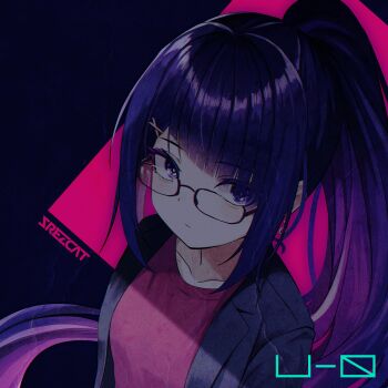 Rule 34 | 1girl, album cover, black jacket, breasts, character name, commentary request, cover, glasses, hair ornament, hairclip, highres, hitnex, j-core, jacket, kobaryo, long hair, looking at viewer, official art, open clothes, open jacket, ponytail, purple eyes, purple hair, red shirt, shirt, small breasts, solo, srezcat, upper body, very long hair