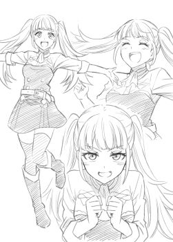 1girl ascot belt belt_buckle blush boots breasts buckle buttons closed_eyes commentary_request fire_emblem fire_emblem:_three_houses garreg_mach_monastery_uniform greyscale highres hilda_valentine_goneril long_hair looking_at_viewer medium_breasts monochrome multiple_views nintendo open_mouth simple_background smile teeth ten_(tenchan_man) thighhighs twintails upper_teeth_only