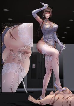 1girl absurdres anus armpits black_hair blood breasts censored china_dress chinese_clothes corpse covered_erect_nipples cum cum_in_pussy cum_on_armpits cum_on_body cum_on_breasts cum_on_clothes cum_on_legs cum_on_legwear cum_on_upper_body cum_string cumdrip dagger death dress elbow_gloves facial gloves high_heels highres holding holding_dagger holding_knife holding_weapon hua_diemeng knife long_hair nullchan pussy very_long_hair weapon