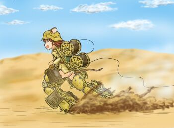 1girl animal_ears brown_hair cable cloud cover_image day desert dust_cloud female_focus helmet highres long_hair military military_uniform mouse_ears open_mouth original running sand sky smile solo strike_witches striker_unit tail tsuchi_to_abura wire wire_spool world_witches_series