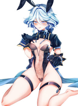 1girl alternate_costume animal_ears barefoot biao blue_eyes blue_hair blush breasts cameltoe commentary_request covered_navel drop-shaped_pupils fake_animal_ears frilled_wrist_cuffs frills furina_(genshin_impact) genshin_impact gloves gluteal_fold groin hair_intakes hand_on_own_chest hand_up heterochromia highleg highleg_leotard highres leotard looking_down multicolored_hair neck_ribbon parted_lips partial_commentary playboy_bunny purple_eyes rabbit_ears raised_inner_eyebrows ribbon see-through_clothes see-through_leotard short_sleeves shrug_(clothing) simple_background sitting skindentation small_breasts solo strapless strapless_leotard sweat symbol-shaped_pupils thigh_strap two-tone_hair wariza white_background white_hair wrist_cuffs