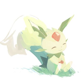 Rule 34 | closed eyes, forehead jewel, gem, grass, green fur, highres, lifmunk, middletwo22, no humans, pal (creature), palworld, red gemstone, simple background, sitting, solo, tail, white background