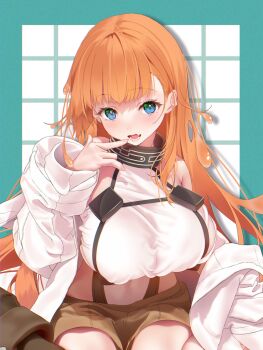 1girl blue_eyes breasts commentary_request commission cropped doatobira finger_to_mouth fingernails highres indie_virtual_youtuber large_breasts looking_at_viewer monster_girl mumu_surai open_mouth orange_hair oversized_clothes second-party_source sitting skeb_commission slime_girl slime_hair solo virtual_youtuber wariza