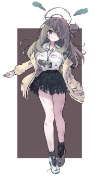 1girl absurdres black_skirt blue_archive bra breasts brown_hair empty_eyes green_bra green_eyes green_halo hair_bun halo highres jacket large_breasts long_hair looking_at_viewer name_tag nonomi_(blue_archive) open_clothes open_jacket panatisia scratches shirt shoes single_side_bun skirt smile solo thighs torn_clothes torn_jacket torn_shirt torn_skirt underwear white_shirt white_shoes yellow_jacket