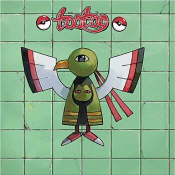 Rule 34 | album cover, album cover redraw, bird, black eyes, closed mouth, commentary request, cover, derivative work, full body, gen 2 pokemon, green background, i g1ax, lowres, motley crue, nintendo, no humans, poke ball symbol, pokemon, pokemon (creature), pokemon focus, solo, xatu