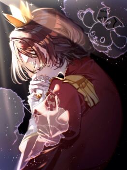 1boy black_background brown_hair closed_eyes closed_mouth crown epaulettes from_side gloves hands_up hashtag-only_commentary highres himmy_(pretty_series) jacket king_of_prism koro_papi light_particles long_sleeves male_focus norizuki_jin pretty_rhythm pretty_series profile red_jacket short_hair sidelighting solo squirrel upper_body white_gloves yammy_(pretty_series)