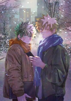 Rule 34 | 2boys, absurdres, arm up, bakugou katsuki, bare tree, black pants, blue scarf, boku no hero academia, book, brown jacket, building, cellphone, closed mouth, commentary request, cowboy shot, facial scar, green eyes, grey jacket, highres, holding, holding book, holding phone, jacket, koromo06418109, looking at viewer, male focus, midoriya izuku, multiple boys, outdoors, pants, parted bangs, phone, red eyes, red scarf, scar, scar on cheek, scar on face, scarf, short hair, smile, snowing, spiked hair, standing, tree, winter