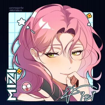 Rule 34 | 1girl, alien stage, artist name, character name, character signature, commentary, commission, english commentary, flower, hand on own face, long hair, looking to the side, mizi (alien stage), pink hair, portrait, signature, solo, star (symbol), xnighten, yellow eyes, yellow flower