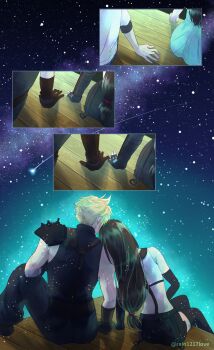 1boy 1girl absurdres age_progression aged_down aqua_dress arm_support armor baggy_pants bare_shoulders black_gloves black_hair black_skirt black_thighhighs blonde_hair close-up cloud_strife commentary_request couple crop_top dress elbow_gloves feet_out_of_frame final_fantasy final_fantasy_vii final_fantasy_vii:_ever_crisis final_fantasy_vii_remake fingerless_gloves from_behind gloves head_on_another's_shoulder heads_together highres knee_up light_particles long_hair low-tied_long_hair mixed-language_commentary night pants pinky_swear rain1217love sequential shirt shooting_star short_hair shoulder_armor single_bare_shoulder sitting skirt sky sleeveless sleeveless_turtleneck spiked_hair star_(sky) starry_sky suspender_skirt suspenders sweater tank_top thighhighs tifa_lockhart turtleneck turtleneck_sweater twitter_username white_shirt white_tank_top zettai_ryouiki