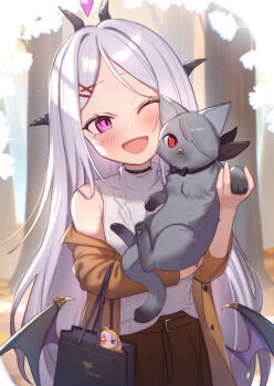 1girl ;d alternate_costume animal black_bag black_horns blue_archive brown_jacket brown_skirt cat commentary_request demon_girl demon_horns demon_wings fried_hoshino_(meme) grey_cat highres hina_(blue_archive) holding holding_animal holding_cat horns hoshino_(blue_archive) jacket long_hair low_wings meme one_eye_closed open_mouth purple_eyes purple_wings shirt skirt smile uneg upper_body very_long_hair white_hair white_shirt wings