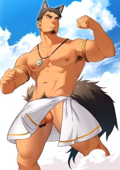 1boy animal_ears armlet armpit_hair armpit_peek aruji_(hidora) bar_censor bara black_hair censored clothing_aside cloud cloudy_sky dust facial_hair feet_out_of_frame from_below goatee hidora_art highres jewelry loincloth loincloth_aside long_sideburns male_focus muscular muscular_male navel_hair necklace nipples original outdoors pectorals penis penis_peek shield_necklace short_hair sideburns sky solo sweat tail thick_eyebrows topless_male undercut white_loincloth wolf_boy wolf_ears wolf_tail yellow_eyes