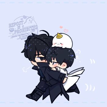 2boys animal animal_on_head biyoo_(omniscient_reader&#039;s_viewpoint) black_coat black_eyes black_hair black_shirt carrying coat collared_shirt commentary double-parted_bangs english_commentary full_body hair_between_eyes height_difference highres kim_dokja kimidori_22 looking_at_another looking_back male_focus multiple_boys omniscient_reader&#039;s_viewpoint on_head open_clothes open_coat piggyback popped_collar shirt short_hair white_coat yoo_joonghyuk