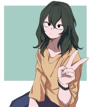 1girl black_eyes black_hair boku_no_hero_academia casual closed_mouth green_hair hair_between_eyes highres long_hair looking_at_viewer orange_shirt shirt simple_background solo tokage_setsuna tongu_11 two-tone_background v watch wristwatch