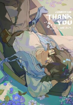 1boy arms_behind_head blue_scarf boat brown_hair closed_mouth commentary_request feet_out_of_frame fingernails flower from_above grey_pants highres long_sleeves male_focus original pants purple_eyes purple_flower purple_nails scarf shinjitsu_no_kuchi shirt smile solo water watercraft white_shirt