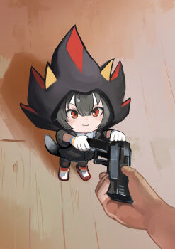 Rule 34 | 1girl, :3, absurdres, ago (owenanaken), alternate eye color, animal ears, black hair, character costume, closed mouth, cosplay, dog girl, dog tail, fake animal ears, from above, giving, gloves, go do a crime (meme), gun, handgun, hashtag-only commentary, highres, holding, holding gun, holding weapon, hololive, hood, hood up, inugami korone, inugami korone (shadow the hedgehog), meme, official alternate hair color, red eyes, shadow the hedgehog, shadow the hedgehog (cosplay), shoes, solo focus, sonic (series), standing, tail, virtual youtuber, weapon, white gloves