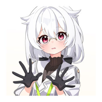 1girl ame. black_gloves broken_eyewear brown_shirt commentary_request fuyuka_(stella_sora) glasses gloves hair_between_eyes hair_flaps half_gloves highres jacket long_hair looking_at_viewer parted_lips red_eyes ribbed_shirt shirt simple_background solo stella_sora upper_body wavy_mouth white_background white_hair white_jacket