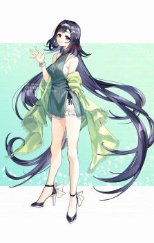 1girl absurdly_long_hair aqua_background aqua_dress arm_behind_back artist_name backless_dress backless_outfit bare_shoulders black_hair black_ribbon black_shoes bloomers bracelet branch breasts camisole closed_mouth collarbone commentary_request dated dress eyelashes genshin_impact green_shawl hair_intakes hair_ornament hairband hand_up high_heels highres jewelry lan_yan_(genshin_impact) long_hair looking_at_viewer medium_breasts multicolored_shoes necklace ojo_aa parted_bangs purple_eyes ribbed_dress ribbon shawl shoes side_slit sidelocks signature silver_bracelet silver_hairband silver_necklace sleeveless sleeveless_dress smile solo spaghetti_strap standing sweater sweater_dress turtleneck turtleneck_dress twitter_username two-tone_background two-tone_shoes underwear very_long_hair watermark waving white_background white_bloomers white_camisole white_shoes