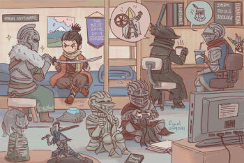 1boy 5others ambiguous_gender armor armored_boots artorias_the_abysswalker ashen_one_(dark_souls) bearer_of_the_curse bed black_coat black_hair black_hat bloodborne blue_tunic boots bunk_bed chair chosen_undead coat commentary company_connection crystal_lizard_(fromsoftware) cup dark_souls_(series) dark_souls_i dark_souls_ii dark_souls_iii demon&#039;s_souls disposable_cup figure fromsoftware full_armor full_body game_console great_grey_wolf_sif hat helm helmet hunter_(bloodborne) indoors katana knight lynol multiple_others playing_games playstation_4 playstation_controller sekiro sekiro:_shadows_die_twice sitting slayer_of_demons solaire_of_astora sword television tunic visor_(armor) weapon