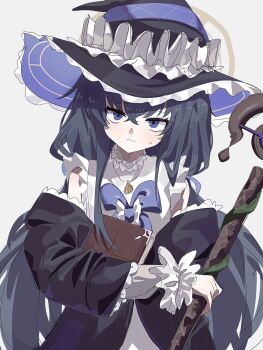 black_hair blue_archive blue_eyes commentary_request grey_background hat highres looking_at_viewer simple_background staff sweatdrop ui_(blue_archive) user_akzu8755 witch witch_hat