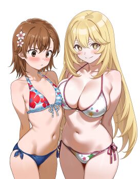 2girls absurdres arms_behind_back asymmetrical_bangs asymmetrical_docking bikini blonde_hair blush breast_conscious breast_press breasts brown_hair cleavage collarbone commission commissioner_upload floral_print floral_print_bikini flower front-tie_bikini_top front-tie_top hair_between_eyes hair_flower hair_ornament highres large_breasts long_hair looking_at_breasts looking_at_viewer misaka_mikoto multiple_girls navel non-web_source official_alternate_costume print_bikini shokuhou_misaki side-tie_bikini_bottom small_breasts smile sparkling_eyes star_(symbol) star_print star_print_bikini swimsuit toaru_kagaku_no_railgun toaru_majutsu_no_index toaru_majutsu_no_index:_imaginary_fest very_long_hair vodka13 white_background white_bikini yellow_eyes