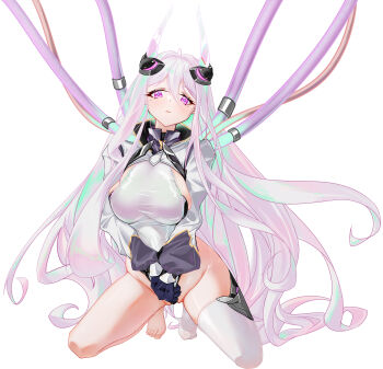 1girl absurdres aqua_pupils azur_lane barefoot breasts commentary_request full_body glowing highres industrial_pipe kearsarge_(azur_lane) kneeling large_breasts leotard long_hair long_sleeves purple_eyes sideboob sideless_leotard simple_background single_bare_foot single_thighhigh solo thighhighs user_xapf3744 very_long_hair white_background white_hair white_leotard white_thighhighs