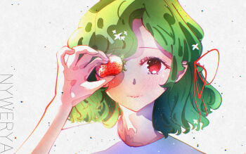 1girl absurdres artist_name blush commentary_request curtained_hair food fruit green_hair grey_background hair_ribbon hand_up highres holding holding_food holding_fruit kazami_yuuka looking_at_viewer medium_hair nywerya one_eye_covered portrait red_eyes red_ribbon ribbon shirt simple_background solo sparkle strawberry touhou white_shirt