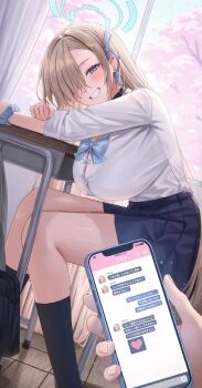1girl asuna_(blue_archive) asuna_(school_uniform)_(blue_archive) blonde_hair blue_archive blue_bow blue_bowtie blue_eyes blue_halo blue_skirt blush bow bowtie breasts cellphone choker commentary grin hair_over_one_eye hair_ribbon halo highres holding holding_phone large_breasts long_hair looking_at_viewer m0_0m_c phone ribbon shirt skirt sleeves_rolled_up smile thighs very_long_hair white_shirt
