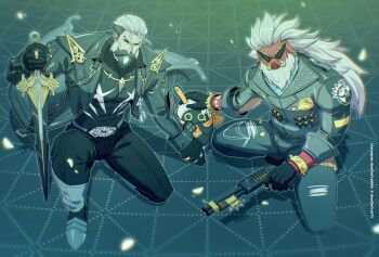 1other 2boys animal_ears bangboo_(zenless_zone_zero) bara beard big_daddy_(zenless_zone_zero) black_hair black_jacket black_pants black_shirt boar_boy boar_ears closed_mouth colored_skin commentary doodlefish english_commentary eous_(zenless_zone_zero) facial_hair furry furry_male gun hand_on_another&#039;s_head highres holding holding_gun holding_sword holding_weapon jacket long_hair looking_at_viewer multicolored_hair multiple_boys muscular muscular_male neckerchief non-humanoid_robot orange_neckerchief pants pig_nose pompey_(zenless_zone_zero) protecting rabbit_ears red_skin robot shirt sunglasses sword tusks weapon white_hair zenless_zone_zero