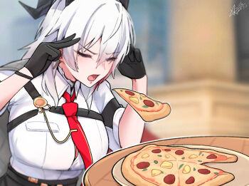 1girl armband bags_under_eyes black_armband black_gloves black_horns blurry blurry_background breasts button_gap chest_harness closed_eyes collared_shirt commentary_request curled_horns dated food gloves hair_between_eyes hands_on_own_head harness hawaiian_pizza horns large_breasts man_levitating_pizza_(meme) meme mole mole_under_eye necktie open_mouth out_of_character photo-referenced pineapple_on_pizza pizza red_necktie shirt shirt_tucked_in signature solo starblame white_shirt wuthering_waves zani_(wuthering_waves)
