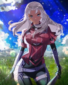 1girl absurdres armor blue_eyes blue_sky breasts closed_mouth commentary contrapposto cowboy_shot dark-skinned_female dark_skin dated_commentary dual_wielding elma_(xenoblade_x) floating_hair gloves highres holding holding_sword holding_weapon long_hair looking_at_viewer medium_breasts nintendo_switch science_fiction sky solo sword v-shaped_eyebrows weapon white_hair xenoblade_chronicles_(series) xenoblade_chronicles_x zer00han