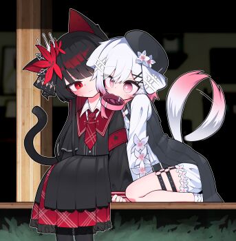 +_+ 2girls absurdres animal_collar animal_ears beret black_dress black_hair black_hat blush cat_ears cat_girl cat_tail closed_mouth collar commentary_request dog_ears dog_girl dog_tail dress flower hair_flower hair_ornament hat highres kemonomimi_mode korean_commentary leaning_on_person long_hair long_sleeves looking_at_another mahou_shoujo_no_majo_saiban mouth_hold multiple_girls necktie nikaido_hiro pink_collar pink_eyes rabbithole_(qnzp113) red_eyes red_flower red_necktie sakuraba_ema short_hair sitting skirt tail tail_wagging white_hair x_hair_ornament yuri