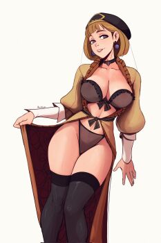 1girl beret black_bra black_choker black_panties black_thighhighs blonde_hair blunt_bangs bob_cut bow bow_bra bra breasts choker cleavage collarbone covered_erect_nipples earrings fire_emblem fire_emblem:_three_houses hair_behind_ear hat head_tilt highleg highleg_panties highres jewelry large_breasts lifting_own_clothes long_sleeves looking_to_the_side medium_hair mercedes_von_martritz mercedes_von_martritz_(timeskip) narrowed_eyes nintendo panties parted_lips puffy_sleeves purple_eyes raichiyo33 ribbon-trimmed_bra ribbon_trim robe see-through_bra see-through_clothes signature skindentation solo standing stomach strapless strapless_bra teeth thick_thighs thighhighs thighs underwear undressing upper_teeth_only veil