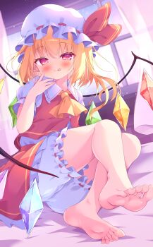 1girl absurdres ascot bare_legs barefoot bed blonde_hair bloomers blush crystal crystal_wings feet flandre_scarlet hair_between_eyes hat hat_ribbon highres indoors looking_at_viewer mob_cap no_shoes ohitoriplayer open_mouth puffy_short_sleeves puffy_sleeves red_eyes red_vest ribbon short_hair short_sleeves side_ponytail sitting skirt soles solo toes tongue tongue_out touhou underwear vest window wings yellow_ascot