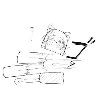 1girl animal_ears blush cat_ears cat_tail daruma_otoshi greyscale monochrome nekono_matatabi original parted_lips personification simple_background solo tail tears what white_background wide-eyed