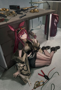 1girl absurdres ac_adapter animal_ears arc_welder arknights belt black_neckerchief black_shirt black_shoes black_shorts brown_jacket brown_pantyhose brown_vest cable commentary electrical_outlet flashlight foxio front-seamed_legwear full_body grey_belt gun headlamp highres holding indoors jacket long_hair long_sleeves looking_at_viewer loose_belt multicolored_hair neckerchief off_shoulder on_floor one_ear_down pantyhose pantyhose_under_shorts purple_eyes purple_hair rabbit_ears rabbit_girl ray_(arknights) red_eyes rifle seamed_legwear shirt shoes short_shorts shorts sitting solo streaked_hair table unzipped vest visor_cap weapon wire_cutters yokozuwari