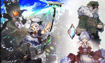 Rule 34 | 1girl, 2boys, android, apron, ascot, beard, belt, black boots, black dress, black thighhighs, blue sky, boots, braid, braided beard, broom, brown belt, brown gloves, brown jacket, building, buttons, charlotte's father (charlotte the harlot), charlotte (charlotte the harlot), charlotte the harlot, city, closed mouth, cloud, coat, collared dress, commentary request, crown braid, crystal, double-breasted, dress, edward (charlotte the harlot), eyepatch, facial hair, father and daughter, frilled apron, frills, fur-trimmed coat, fur trim, gloves, green coat, green eyes, green hat, grey hair, hair intakes, hands up, hat, humanoid robot, industrial pipe, interlocked fingers, jacket, long dress, midair, multiple boys, multiple views, mustache, narita imomushi, official art, old, old man, open mouth, outdoors, outstretched arm, own hands clasped, own hands together, pants, peaked cap, reaching, red dress, ribbed thighhighs, robot, robot ears, short hair, sidelocks, simple bird, sky, thigh strap, thighhighs, white apron, white ascot, white gloves, white hair, white pants, wrist cuffs